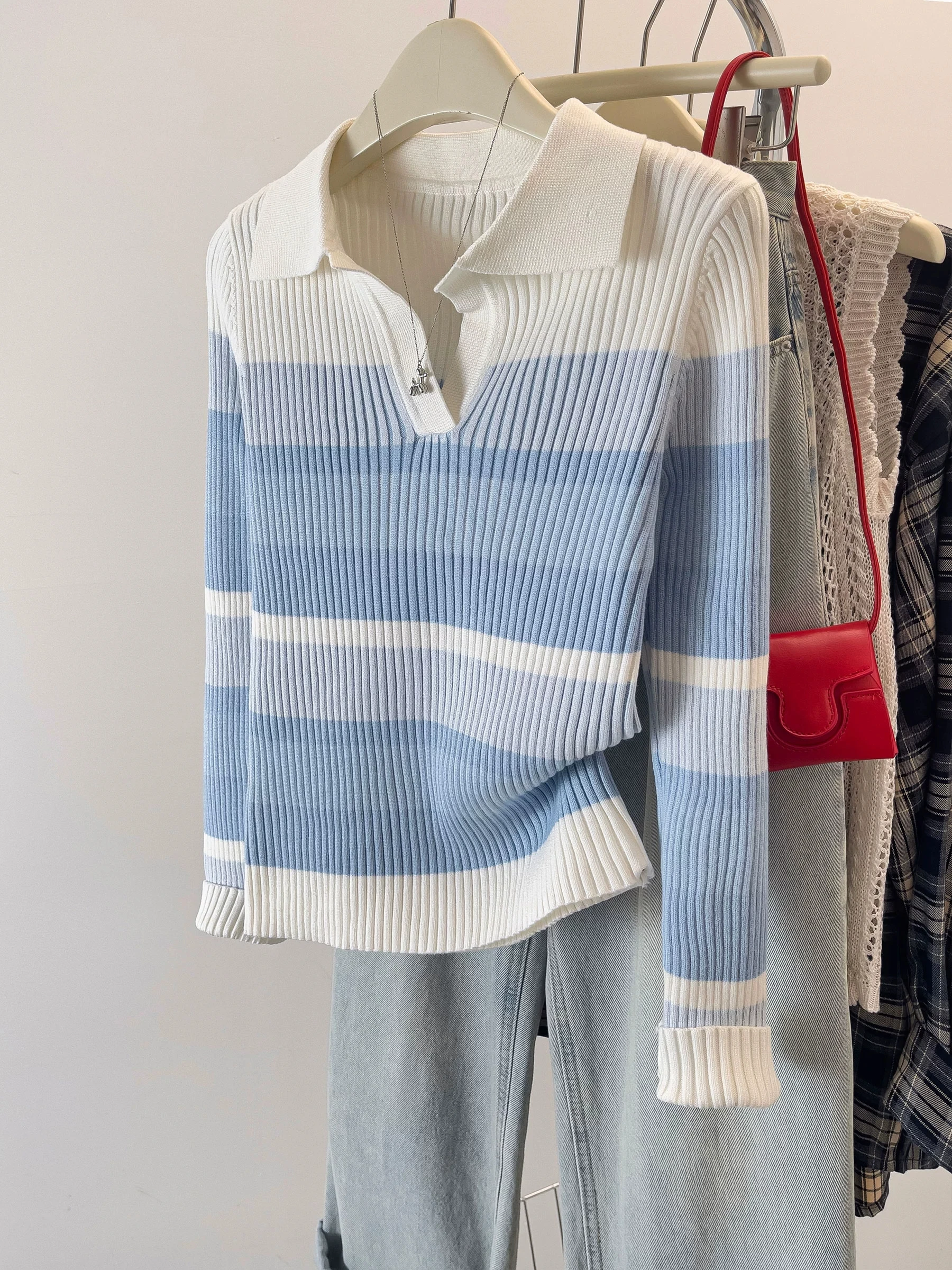 حجم كبير محبوك تي شيرت المرأة سليم صالح الداخلية irt عادية Sle طويل Sve مخطط طوق تي شيرت للتنقل الخريف #1