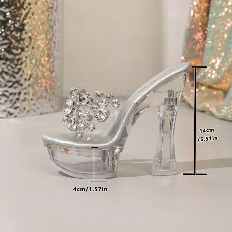 Fashion Platform Block Heel Women Mules Clear PVC Rhinestone Transparent Thick Block Heel Slip‑on Evening Party Women's Slippers
