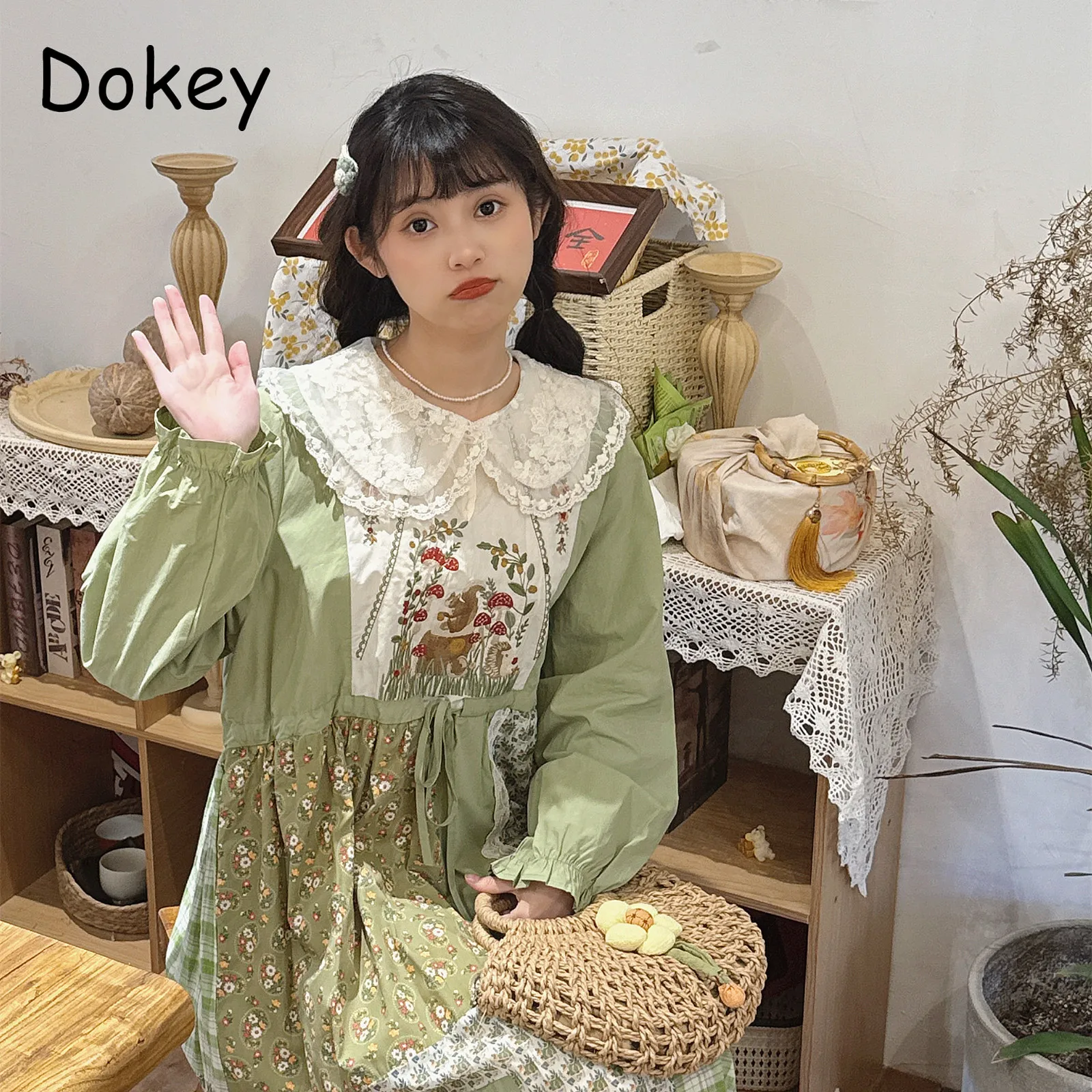 

French Vintage Embroidery Patchwork Midi Dress Women Autumn Lace Doll Collar Puff Sleeves Kawaii Lolita Dress Japanese Vestidos