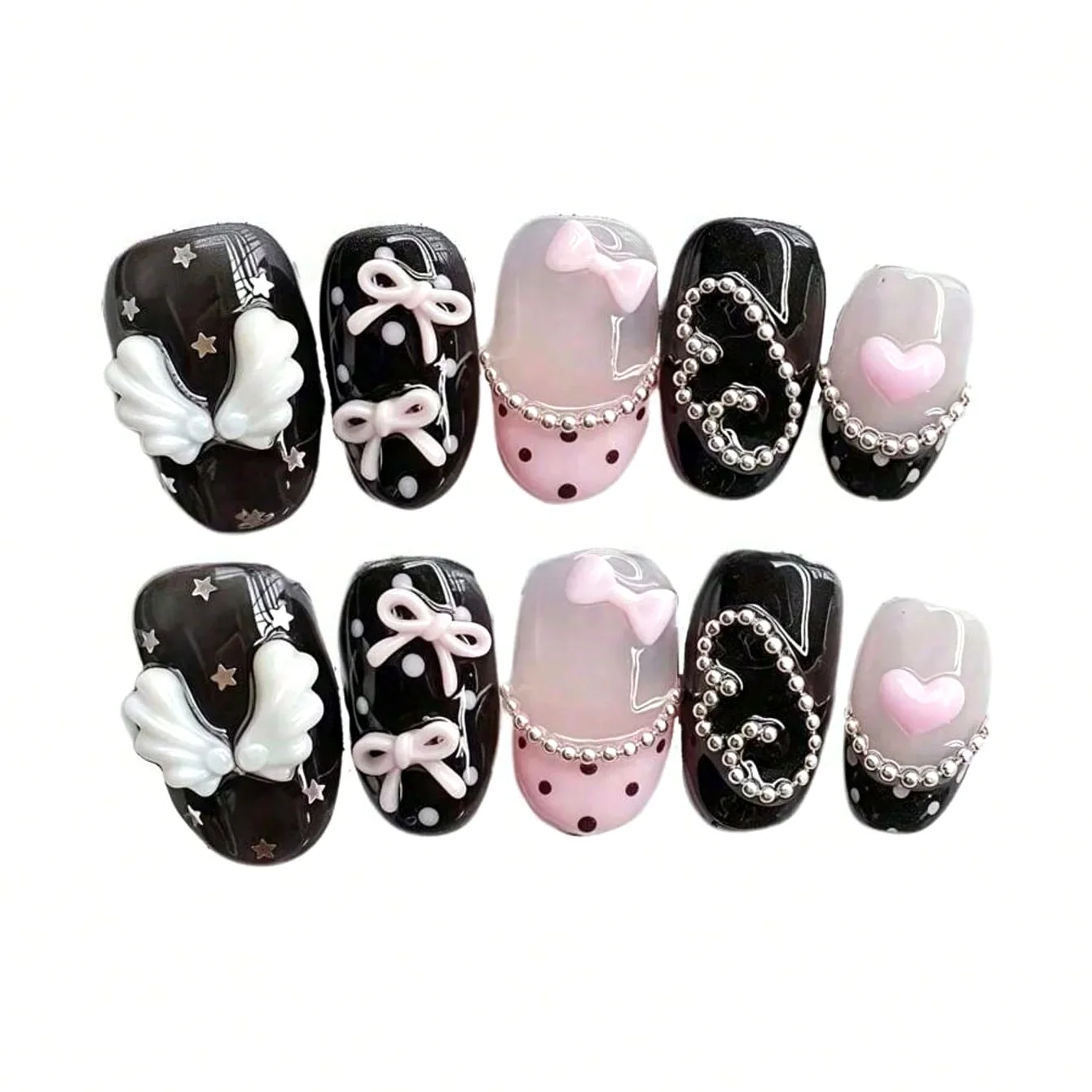 10pcs pure hand pressed short circular nail art, beautiful fake nails, sweet and cool pink bow, suitable for women to use