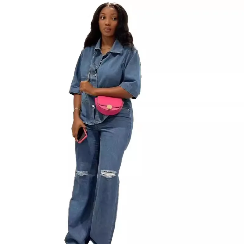 بدلة معطف الدنيم النساء 2 قطعة مجموعات سترة ملابس خمر ثقب السراويل المتعثرة زر جيوب بنطلون فرقة 2025 الشارع الشهير