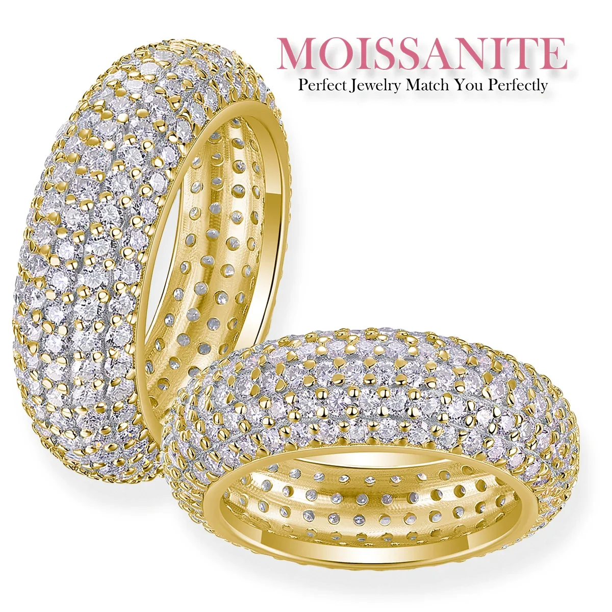 

1.5mm Luxurious 18K Gold-Plated Eternity Band Adorned with 5 Rows of Moissanite Stones, Creating a Dazzling Statement Piece