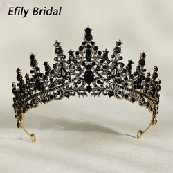 Efily Baroque Vintage Black Rhinestone Crown Tiara Crystal Wedding Hair Accessories Women Headband Queen Princess Head Jewelry