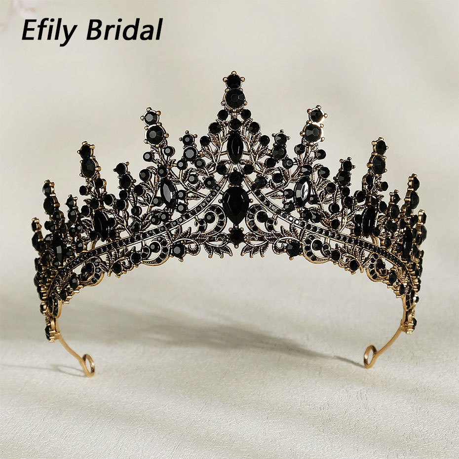  Efily Baroque Vintage Black Rhinestone Crown Tiara Crystal Wedding Hair Accessories Women Headband Queen Princess Head Jewelry 
