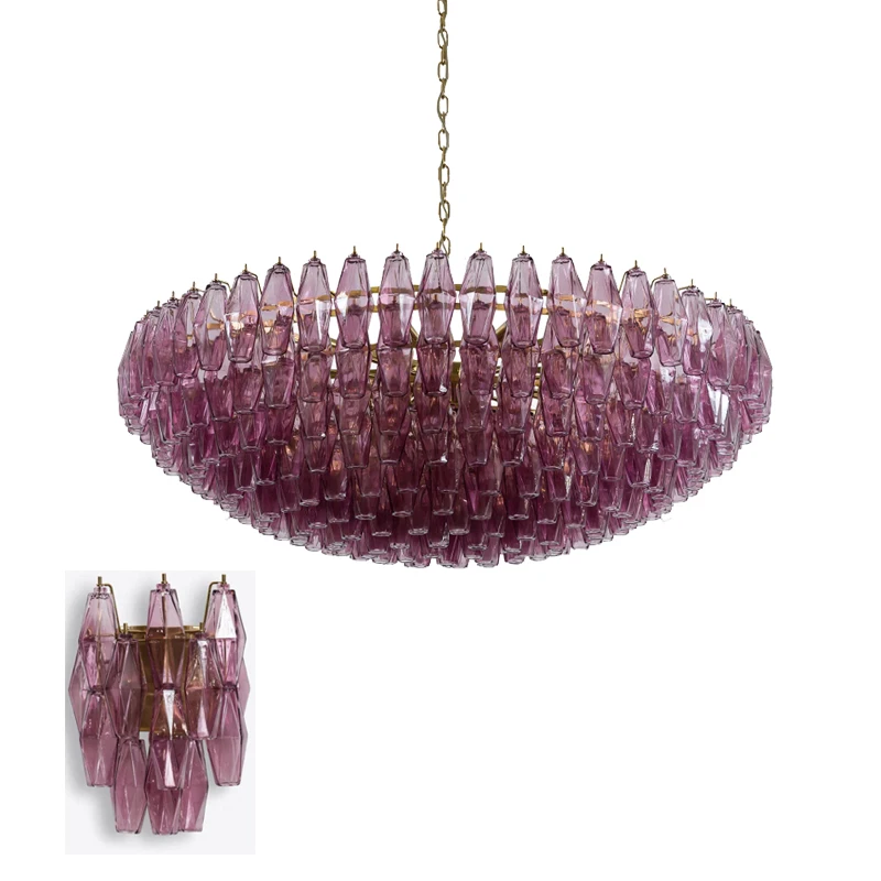 

Винтажная классическая фиолетовая стеклянная люстра 2026 года, большая, с регулировкой яркости, роскошная подвесная лампа для декора гостиной и столовой
