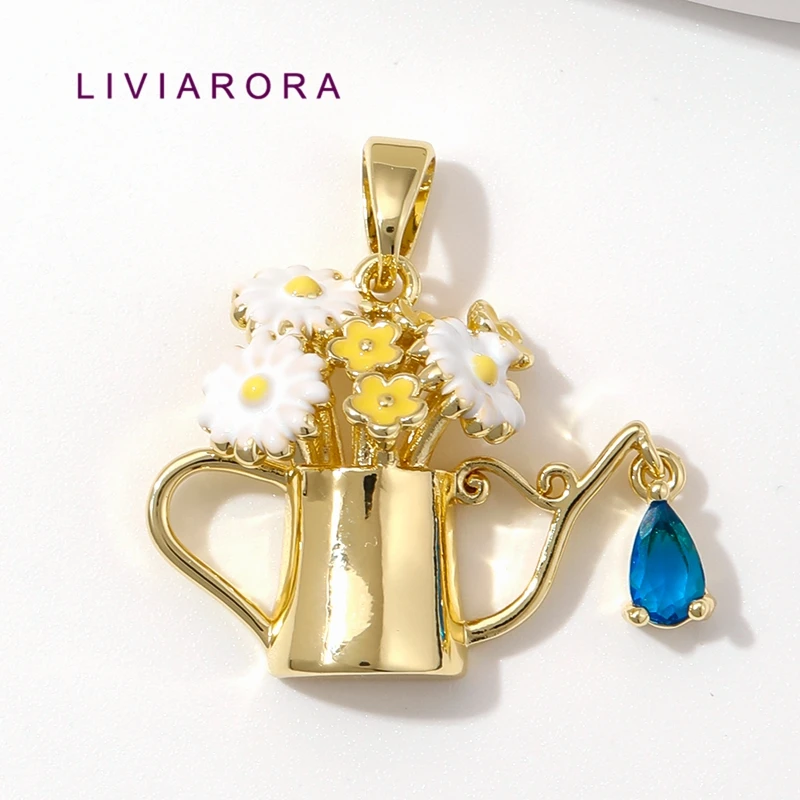1/2/3Pcs 18K Gold Plated Brass Watering Can Pendant Enamel Daisy Flowers CZ Teardrop Charms For DIY Necklace Making Findings