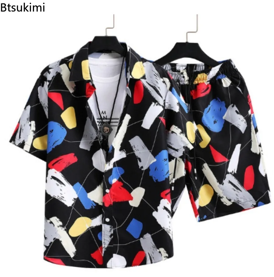 Summer Fashion Men's Hawaiian Shirt Shorts Two Piece Sets 3D Print Short Sleeve Button Cardigan Casual Beach Suits Plus Size 5XL