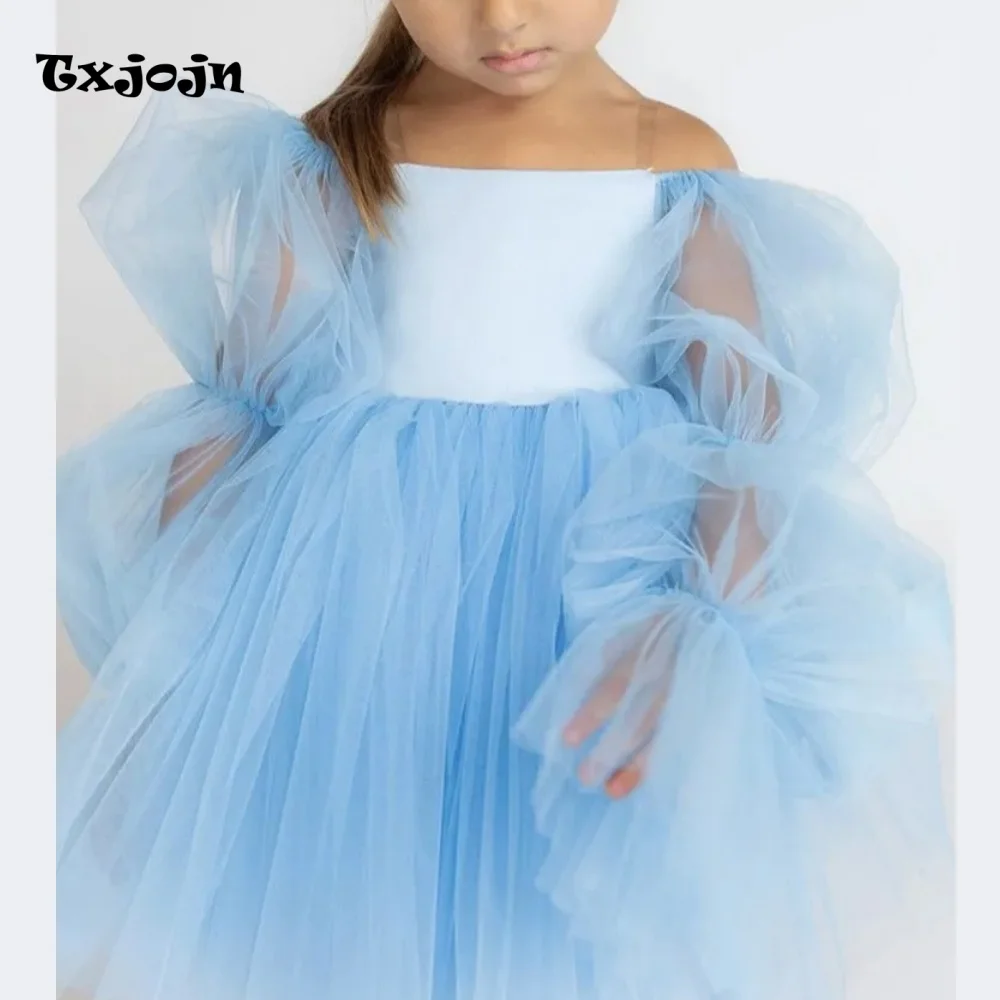 Puff Sleeve Baby Girl Mesh Ball Gown Flower Girl Princess Dress Toddler Teens Child Vestido Wedding Party Birthday Clothes 1-14Y