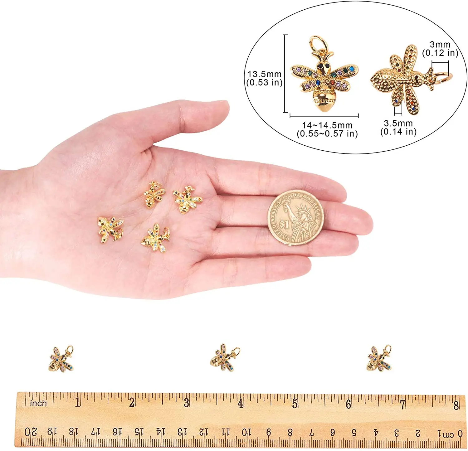 10 Pcs Bees Shape Honeybee Brass Metal Micro Pave Cubic Zirconia CZ Stone Animal Charms for Women Men Jewelry Making DIY Crafts