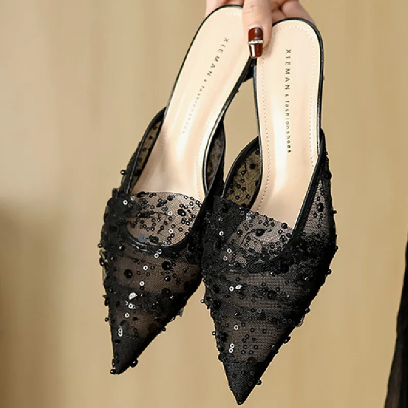 

Luxury Brand Designer Slippers Women Mesh Breathable Bling Elegant Slide Sandals Sexy Pointed Toe Summer Wedding Bridal Heels