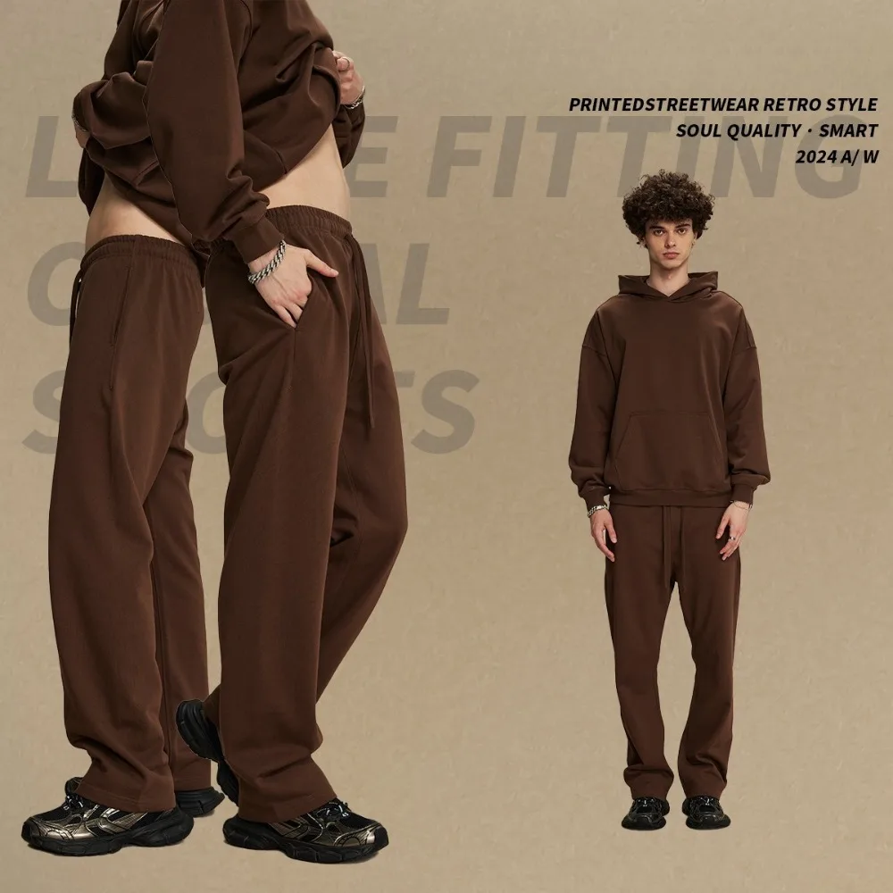 

Коричневый спортивный костюм с капюшоном унисекс, уличная одежда в стиле ретро, повседневная свободная толстовка и брюки A/W 2025 г., наряд из двух предметов