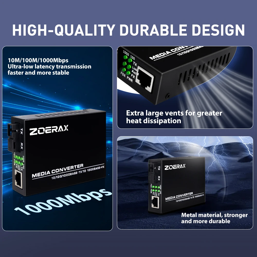 ZoeRax Ein Paar Gigabit-Glasfaser-Transceiver Media Coverter Ethernet SC Singlemode RJ45 Port Optischer Transceiver – Detail 4