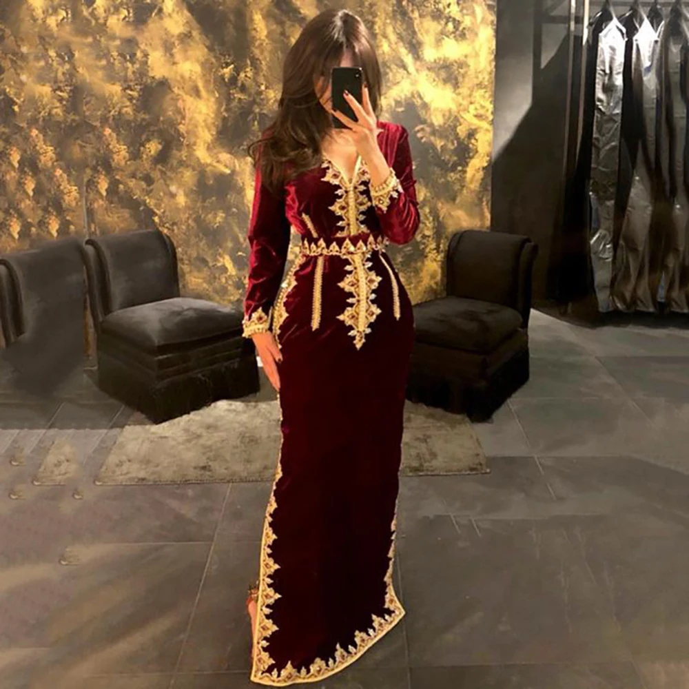 14448 # IENA Mermaid formalne suknie wieczorowe marokański Kaftan aksamitne długie rękawy muzułmańska suknia ślubna 2023 algierskie Vestidos De Fiesta