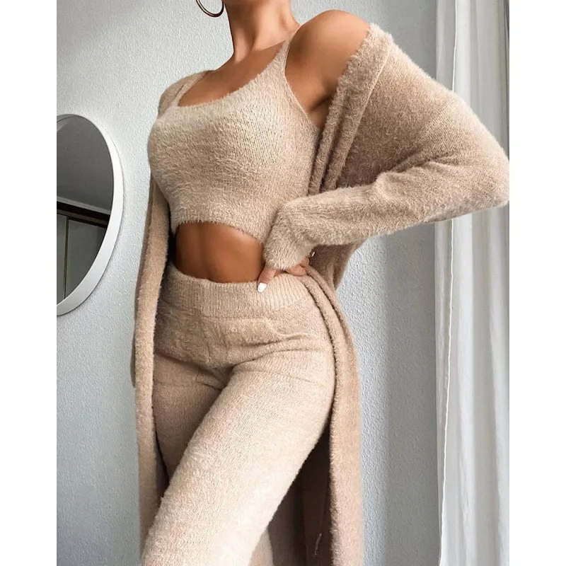 Autumn And Winter Knitted Plush Comfortable Women\'s Suit Sexy V-neck Short Crop Top Cardigan Sweater Trousers Three-piece Set