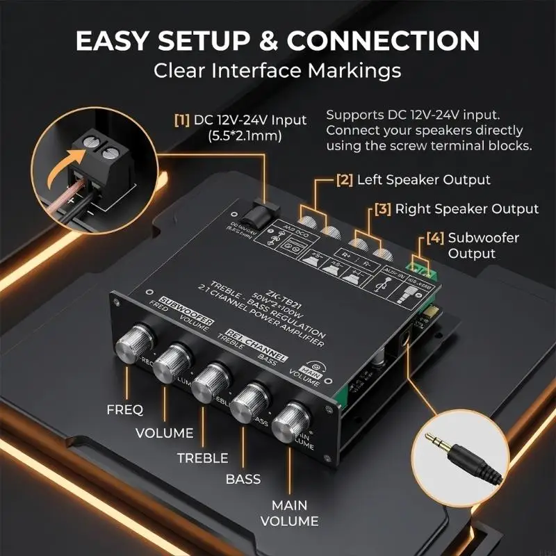 2.1 Channel Wireless Speaker Amplifier Board with Line-In Input, 50W X 2 + 100W Layout, 12V-24V Power for DIY Use F19E
