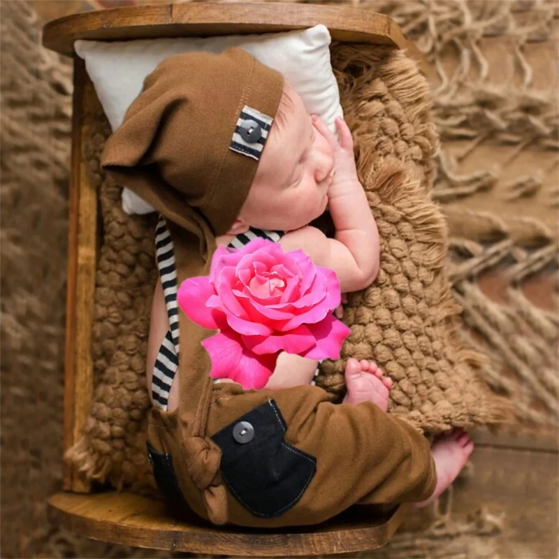 

2Pcs Newborns Strapped Pants with Hat Photography Props Set Soft Knotted Bonnet & Overall Pants for Baby Photoshoots