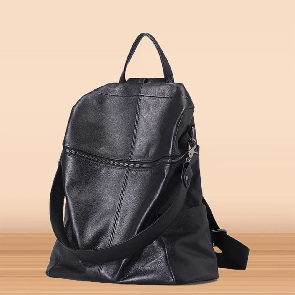 2024 New Genuine Leather Women\'s Backpack Black Large Capacity Aesthetic Academy Style Retro Bag