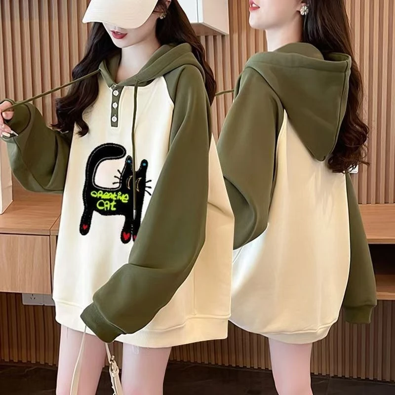 Women's Fall Winter Raglan Hoodie Niche Art Print Fleece Slimming Versatile Top