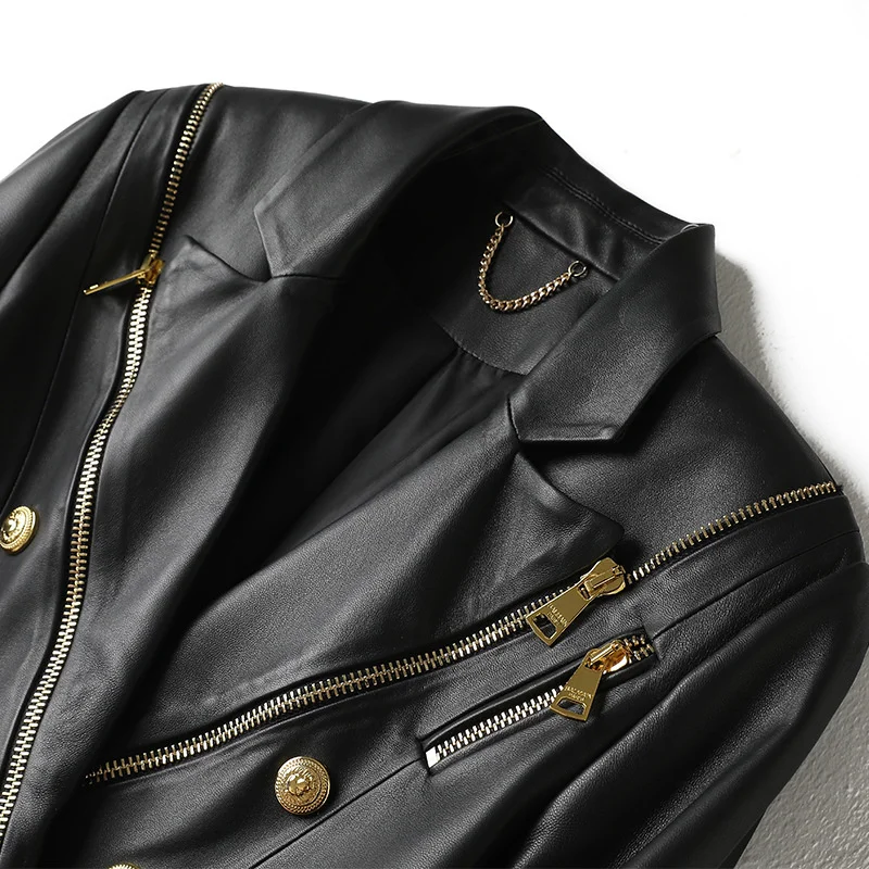 Genuine leather jacket, fashionable sheepskin suit, motorcycle style zipper decoration, women's suit jacket, slim and trendy new