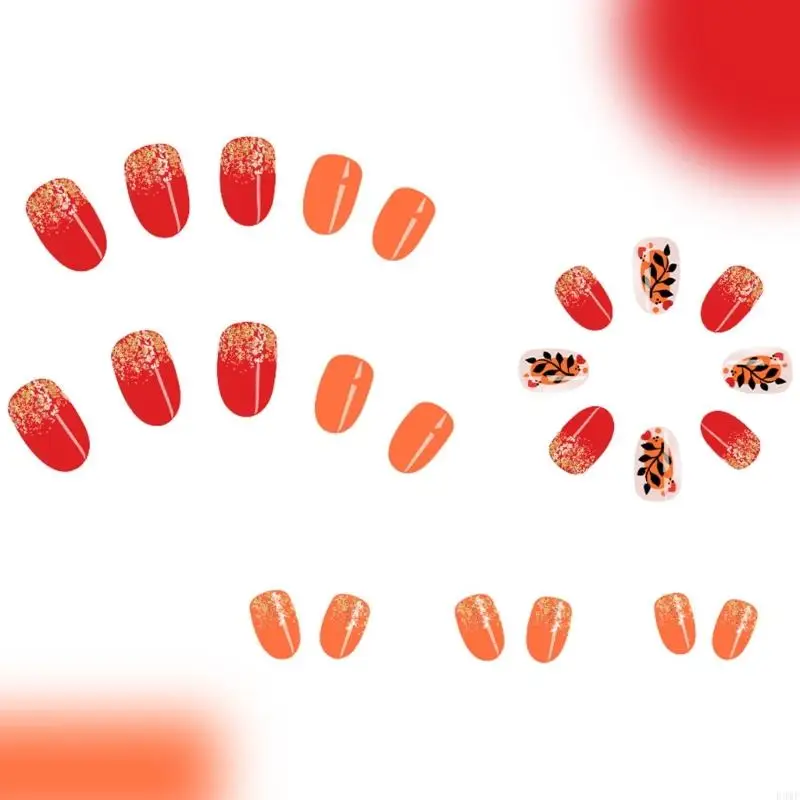 R3MF シャイン人工チップ 24 個キット ウィンター リーフ デザイン ショート オーバル プレス ネイルチップ キラキラ顔 接着剤不要