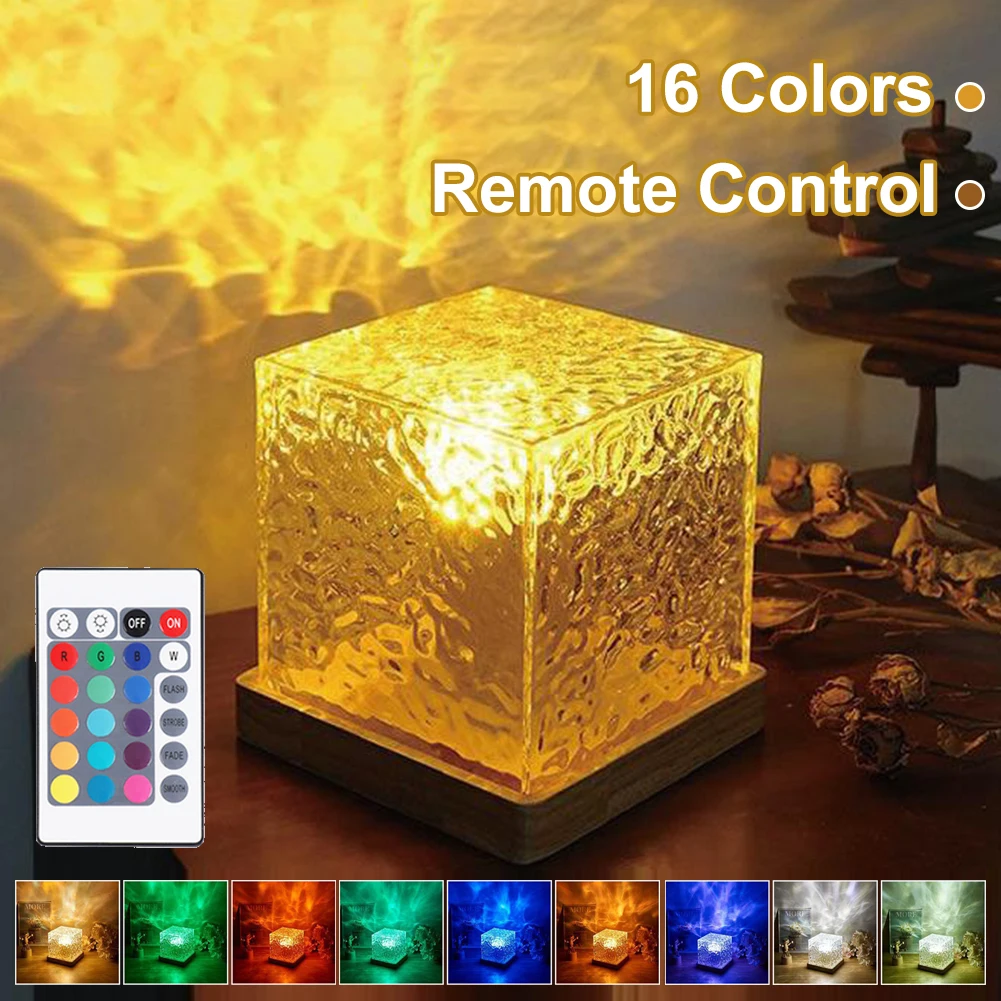 

New Rotating Water Wave Night Light Remote Control Dynamic 16 Colors Water Ripple Night Light Crystal LED Table Lamp for Bedside