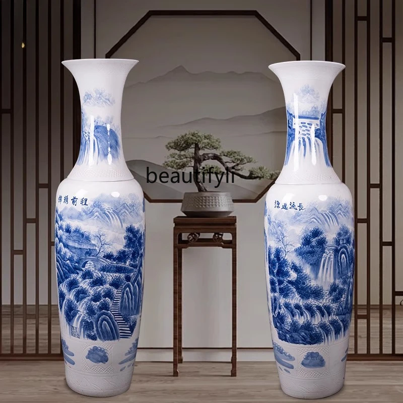 Ceramic vase hand-painted blue and white landscape floor ornament Chinese living room hotel