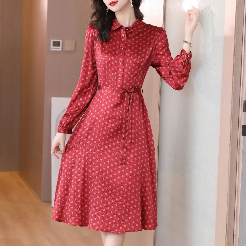 2023 New Fashion Silk Dress Women's Autumn Retro Polka Dot Printed Dress Korean Loose Tight Holiday Party Dress Vestidos