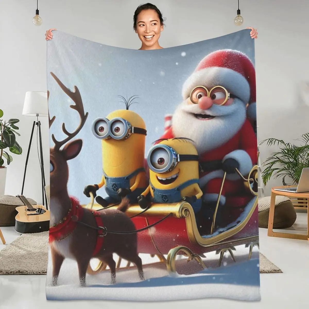 Christmas Cute Minions Cartoon Blanket Yellow Big Eyes Travel Office Flannel Throw Blanket For Outdoor Warm Soft Bedspread Gift