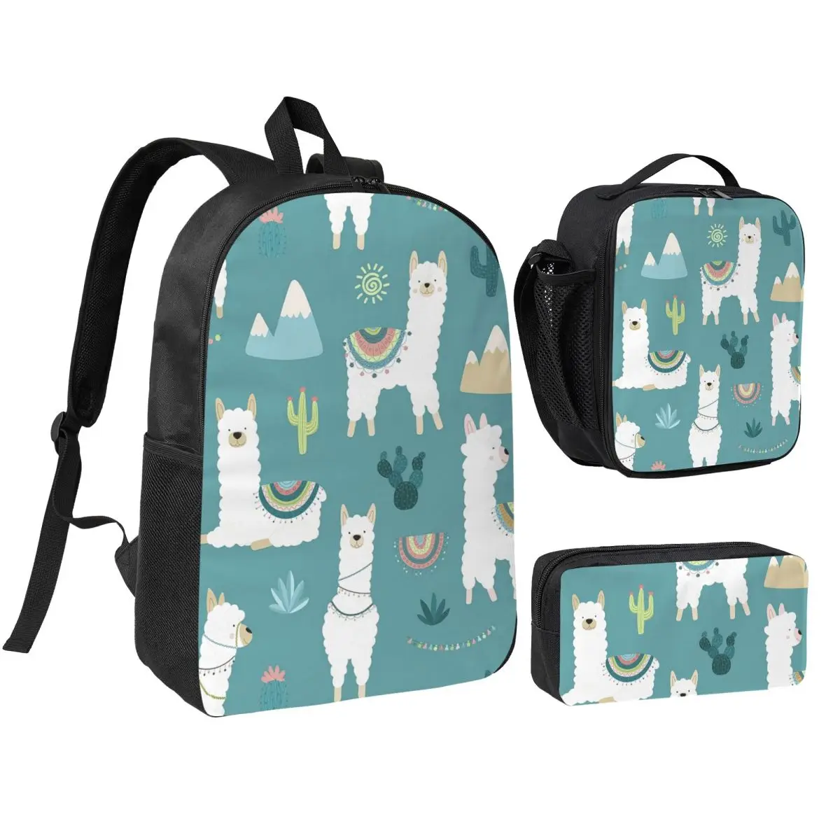 Alpaca Cactus Sun Doodle Pattern Backpack Boys Girls BookBag School Bag Shoulder Bags 3ps Insulated Lunch Bag Pencil Case