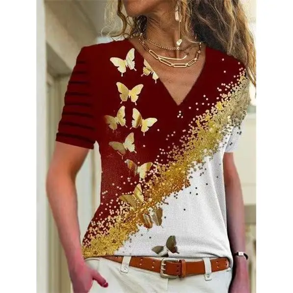 Women's ort Sve Printed Collar T-irt Slim Fit Polyester Spandex Blend Comfortable Breathable Faion Top for Ladies