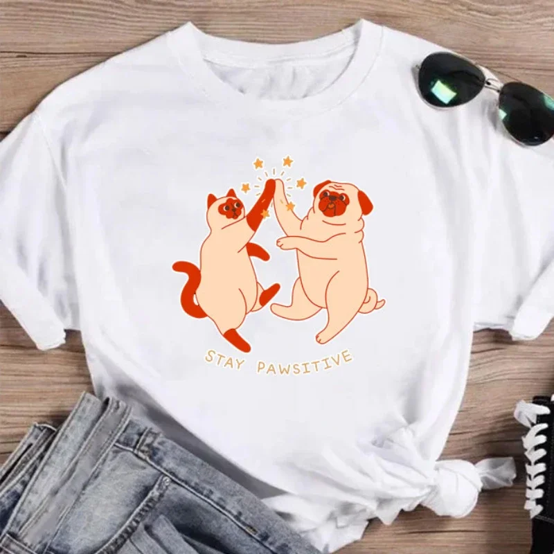 Stay Pawsitive Funny Printed T Shirt Kawaii Cartoon Zoon Graphic T-shirt Women Man Pure Cotton Tees Summer Unisex Streetwear