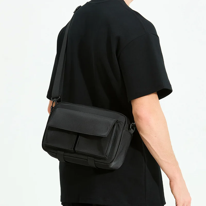 Multi-pocket men's shoulder bag horizontal square nylon waterproof cross body backpack day messenger bag