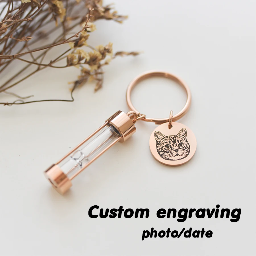 Personalized customized memory hourglass key chain cremation memorial silver/gold pendant keyring-carved photo gift for friends