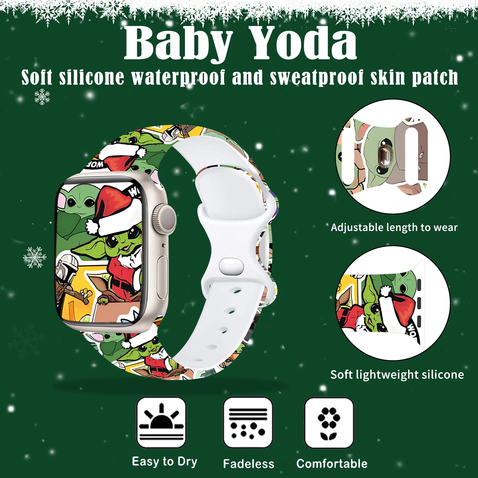 Pulseira de silicone de Natal Disney Yoda para Apple Watch, faixa impressa, pulseira substituível para iWatch, 9, 8, 7, SE, 6, 45mm, 44mm, 42mm, 40mm