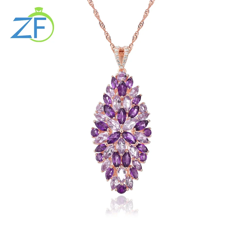 

GZ ZONGFA Oval Pendant Natural Amethyst Gemstone 925 Sterling Silver Rose Quartz Necklace for Women Fine Jewelry Party Gifts