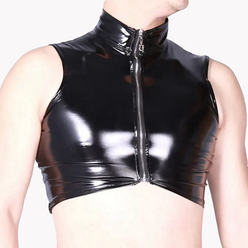 

Sexy Men Turtleneck Zipper Open Tank Tops PVC Shiny Wet Look Punk Leather Short Top Stage Costume Dance Club Gay Wear