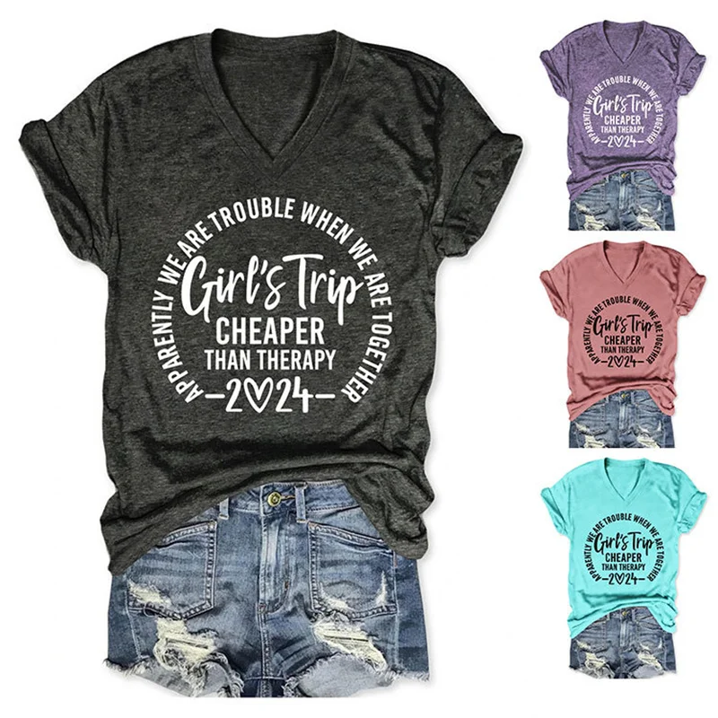 Stylish Summer casual V-neck Short sleeve Girl's trip cheaper than therapy Print 2024 New casual T-shirt