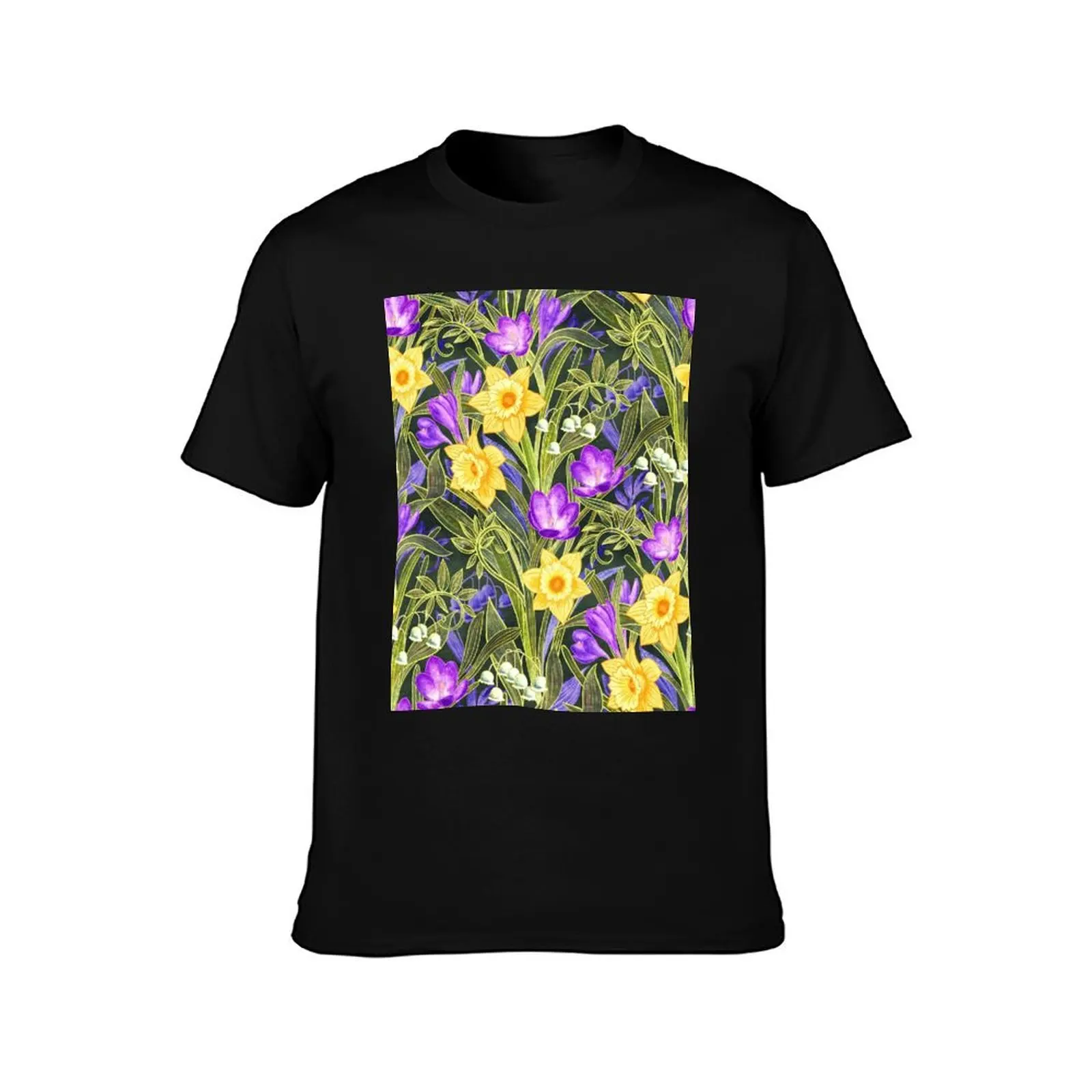 Spring Floral with Daffodils, Crocuses and Lily of the Valley on Dark T-Shirt blacks anime shirts men