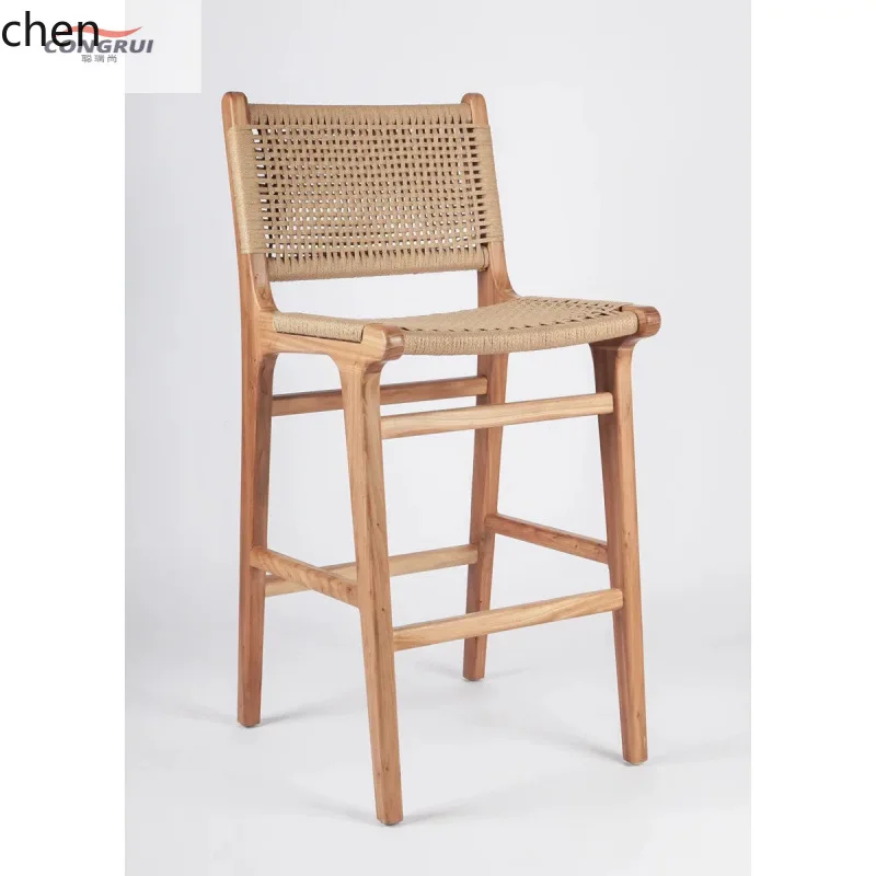 Solid Wood Retro Bar Stool Cafe Bar Home Simple Backrest Rope Woven Bar Chair