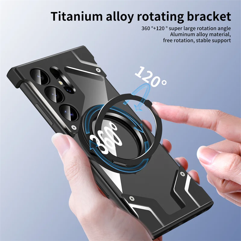 For Samsung Galaxy S24Ultra 360° Rotating Stand Aluminum Alloy Phone Case For Galaxy S22 S23 Ultra Magnetic Clear Backpanel Case