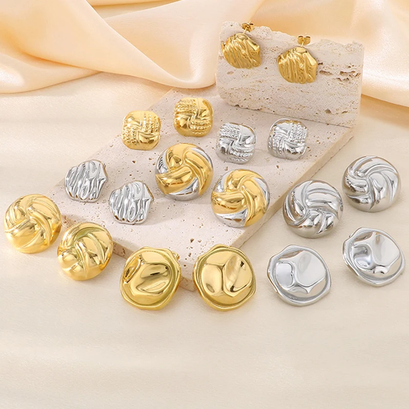 Изысканные серьги-гвоздики с неровной поверхностью для женщин и девушек золотого и серебряного цвета из нержавеющей стали