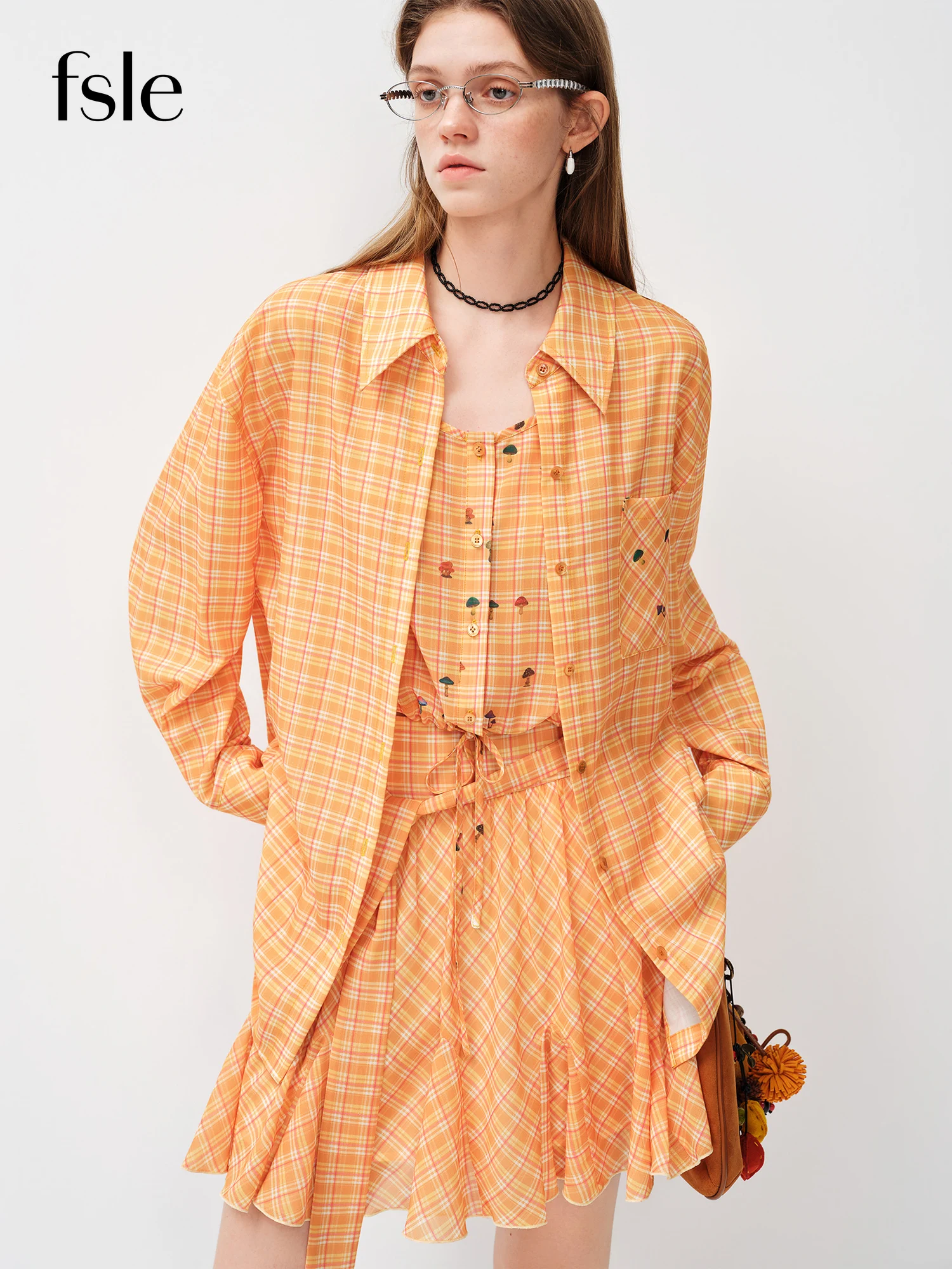FSLE Vibrant Orange Checkered Print Design Flowy Long-Sleeve Shirt Bandeau Strap Skirt 2026 Spring New Arrival Set Separately