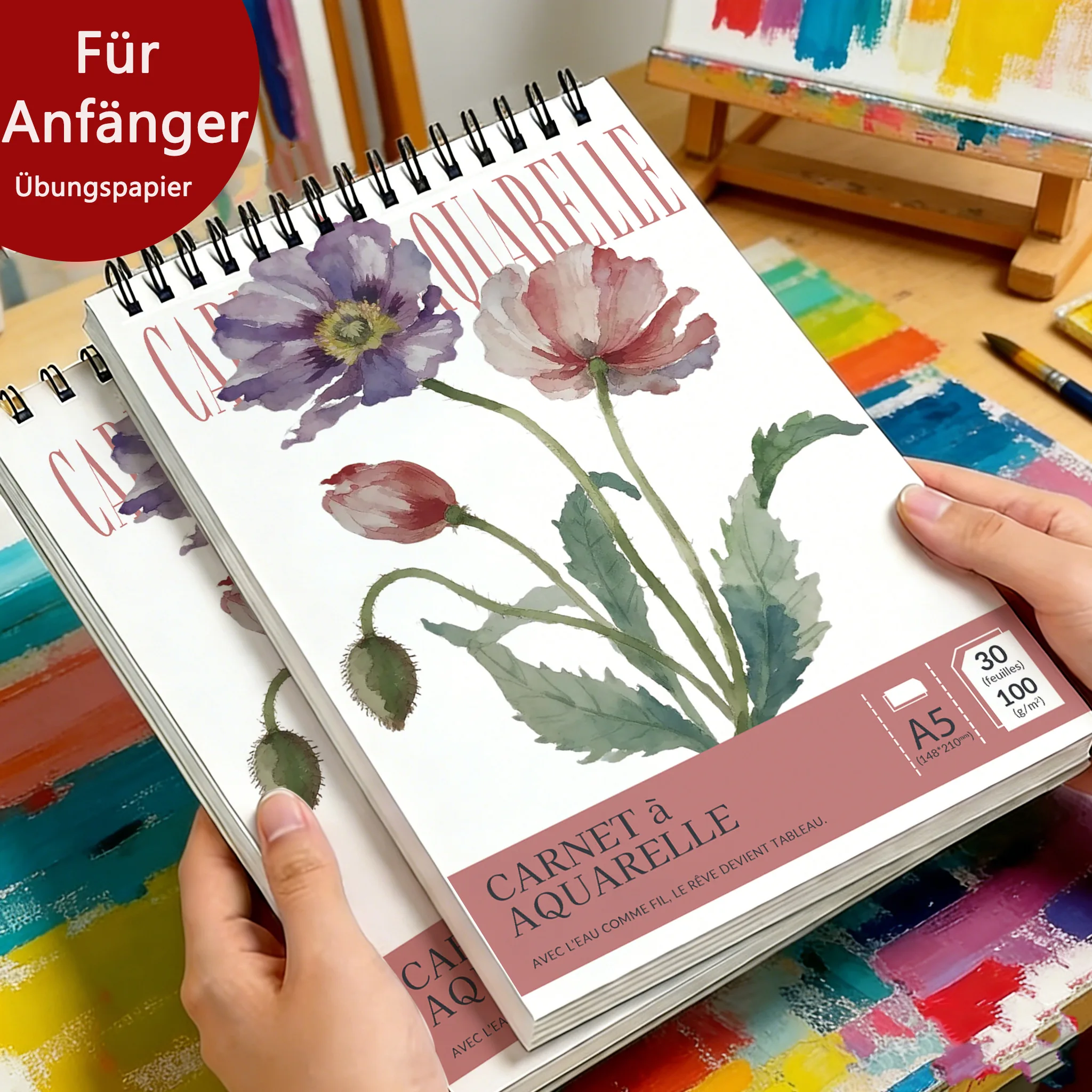 Botanical Art Spiral Watercolor Pad | A5, 100gsm Acid-Free Cold-Pressed Paper, 30 Sheets, Poppy Floral Watercolor Cover, Lay-