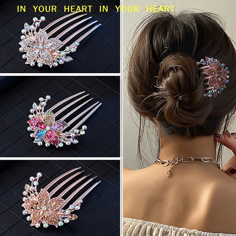 【X】Shiny Hairpins For Women Hair Accessories Vintage Crystal Flower Hair Clips Korean Style Fashion Pearl Rhinestone Hair Combs