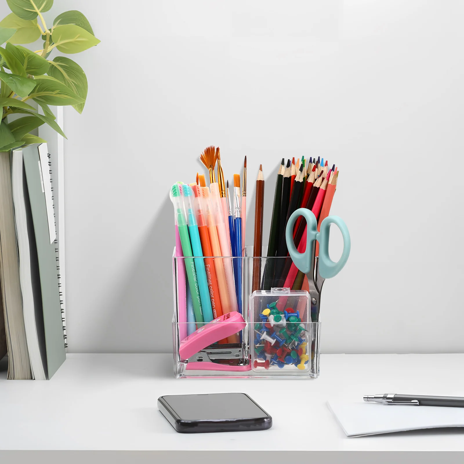 Durchsichtiger Desktop-Make-up-Organizer mit geteilten Fächern, Pinselhalter für Kosmetika, Hautpflege, Stifte, Bürobedarf, Aufbewahrungskoffer