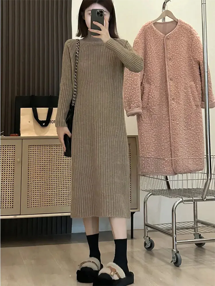 

Fashion Half High Collar Spliced Pockets Solid Color Dresses Women's Clothing Winter Loose Knitted All-match Midi Dress CQ338