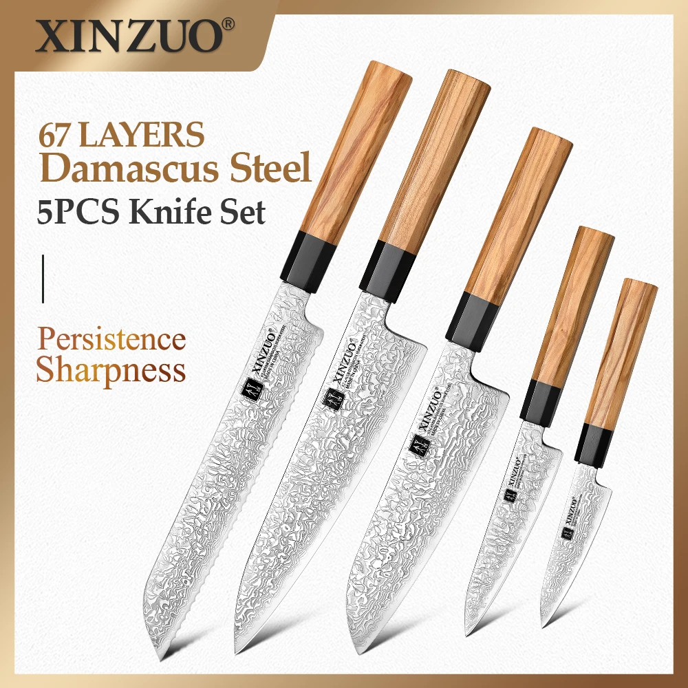 

XINZUO 10Cr15CoMov Steel Core 5pcs Knife Set Damascus Steel Chef Knife 60±2HRC Japanese Octagonal Handle High-end Kitchen Knives