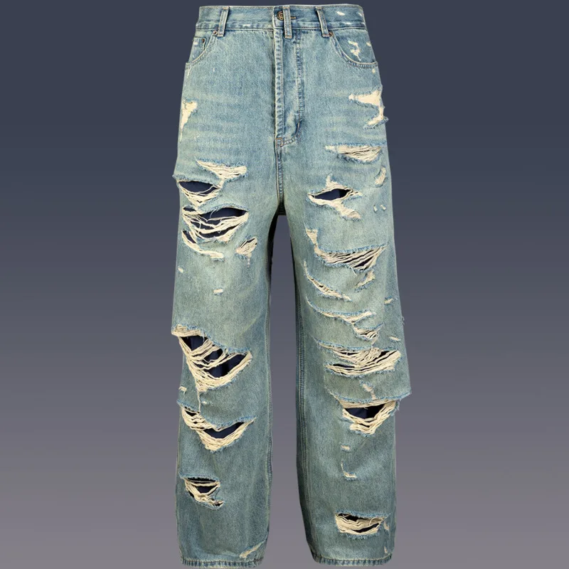 HKSH Spring Autumn New Man Punk Tide Original Design Jeans Double Layered Tassels Straight Denim Pants Baggy Holes Retro HK5655