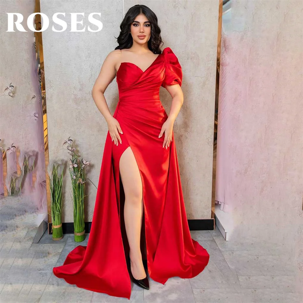 

ROSES Simple Red Prom Dress One Shoulder A-Line Satin Evening Dress Pleats Bodice Party Dress with High Side Split فساتين سهرة