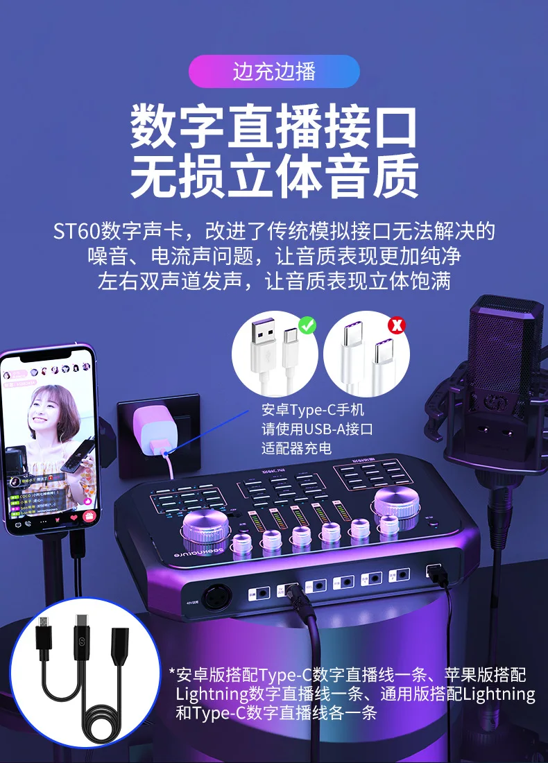 プロ仕様ライブ配信カラオケデスクトップサウンドカード、携帯電話/パソコンミキサー、デュアルマイク付き